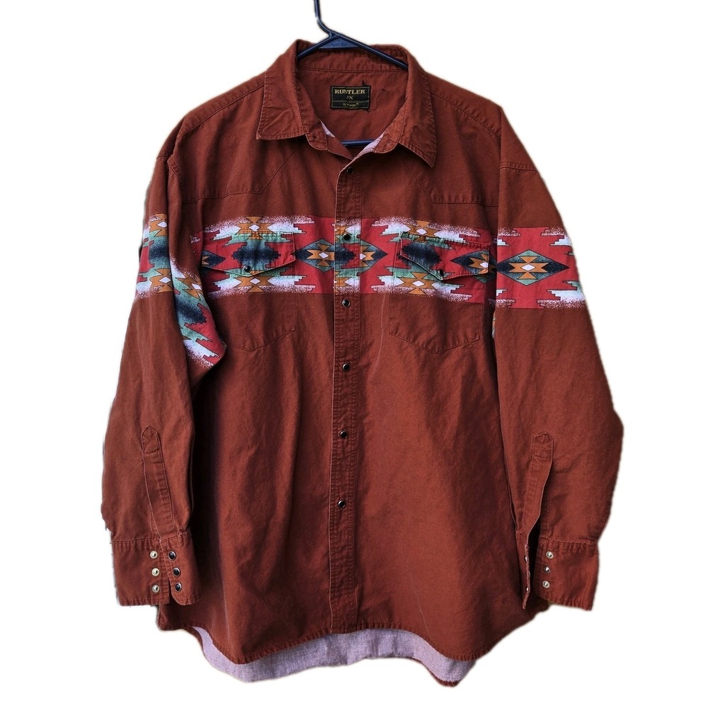 Rustler By Wrangler Aztec Southwest Print Mens 2X Pearl Snap Western Button